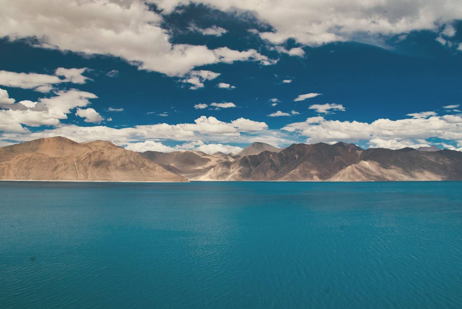 The blue water of Pangong Lake under bare mountains in Ladakh