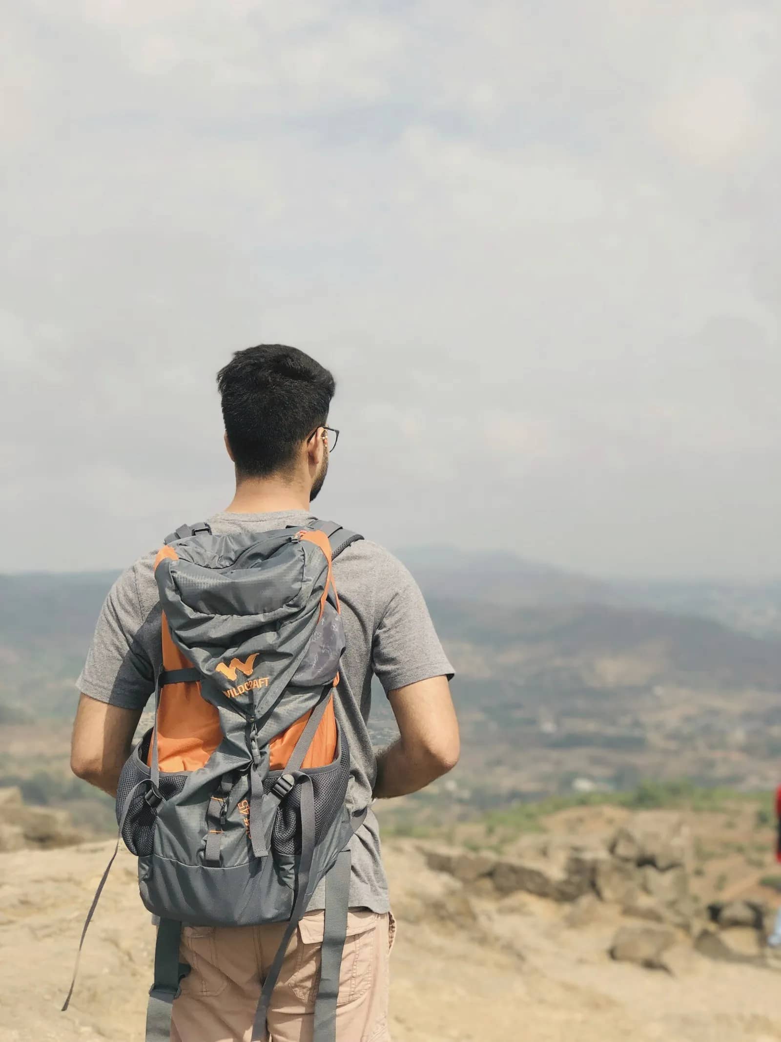 A young traveller with a backpack looking over hills