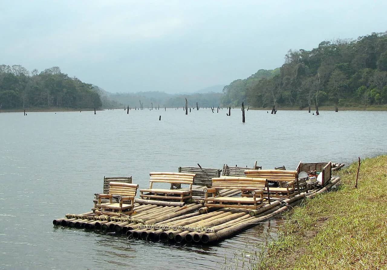 A bamboo raft on Periyar Lake in Periyar Tiger Reserve